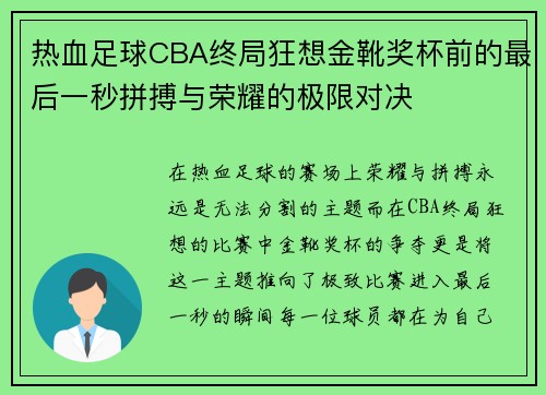 热血足球CBA终局狂想金靴奖杯前的最后一秒拼搏与荣耀的极限对决