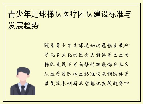 青少年足球梯队医疗团队建设标准与发展趋势